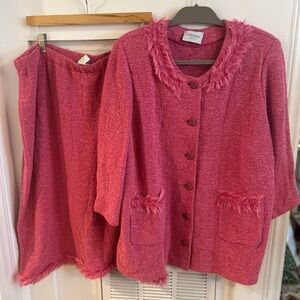 Stizzoli pink fringe feather Boucle Skirt Jacket suit set plus size 18-20